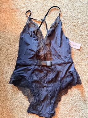Black Lace Trim Teddy Bodysuit -Sz L
